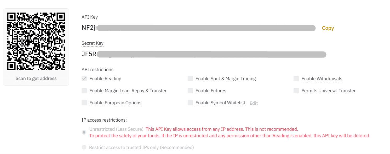 API key details and restrictions