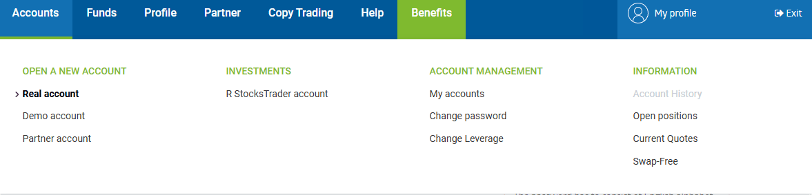 RoboForex account menu